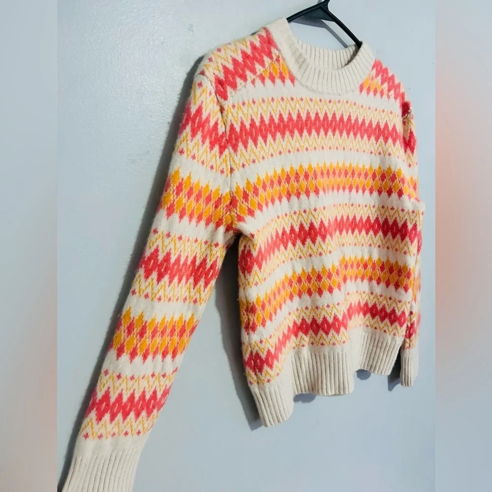 J.Crew 100% Cashmere Crewneck Fair Isle Sweater M Pink Orange Soft Girl Cozy